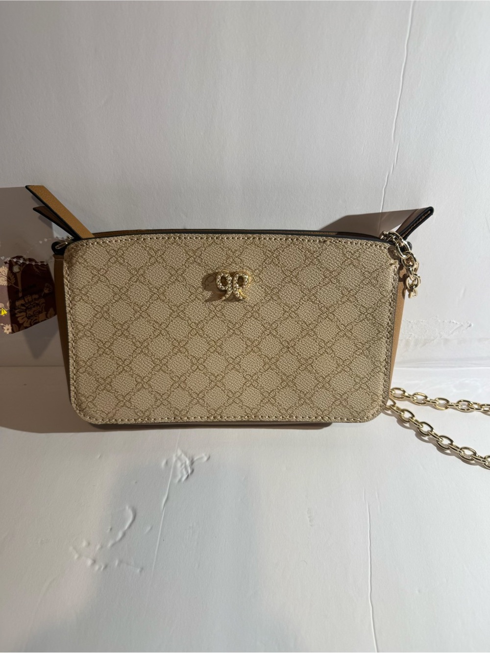 Beige Monogram Crossbody Bag Gold Chain